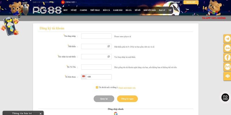 Hướng dẫn đăng ký tại PG88
